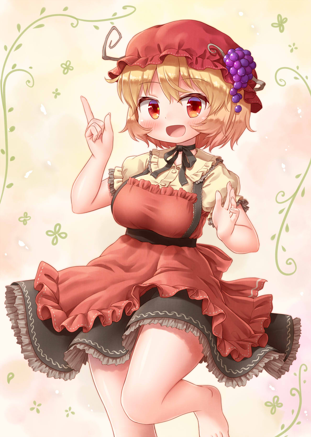 1girl :d aki_minoriko apron arinu bangs barefoot black_skirt blonde_hair choker collared_shirt eyebrows_visible_through_hair food fruit grapes hat highres index_finger_raised looking_at_viewer mob_cap open_mouth plant red_apron red_eyes red_headwear shirt short_hair short_sleeves skirt smile solo standing standing_on_one_leg touhou yellow_shirt