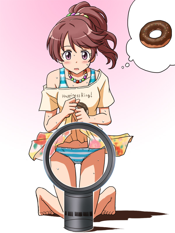1girl ass_visible_through_thighs bangs barefoot bead_necklace beads bladeless_fan blush bra_strap brown_hair clothes_lift clothes_writing commentary_request crotch_seam doughnut english_text floral_print food frown full_body gradient gradient_background hair_ornament hair_scrunchie idolmaster idolmaster_cinderella_girls imagining jewelry kneeling lielos lifted_by_self long_hair looking_at_viewer medium_hair miniskirt necklace off-shoulder_shirt off_shoulder open_mouth panties pink_background ponytail print_skirt scrunchie shadow shiina_noriko shirt short_hair skirt skirt_lift solo striped striped_panties sweat underwear violet_eyes yellow_shirt