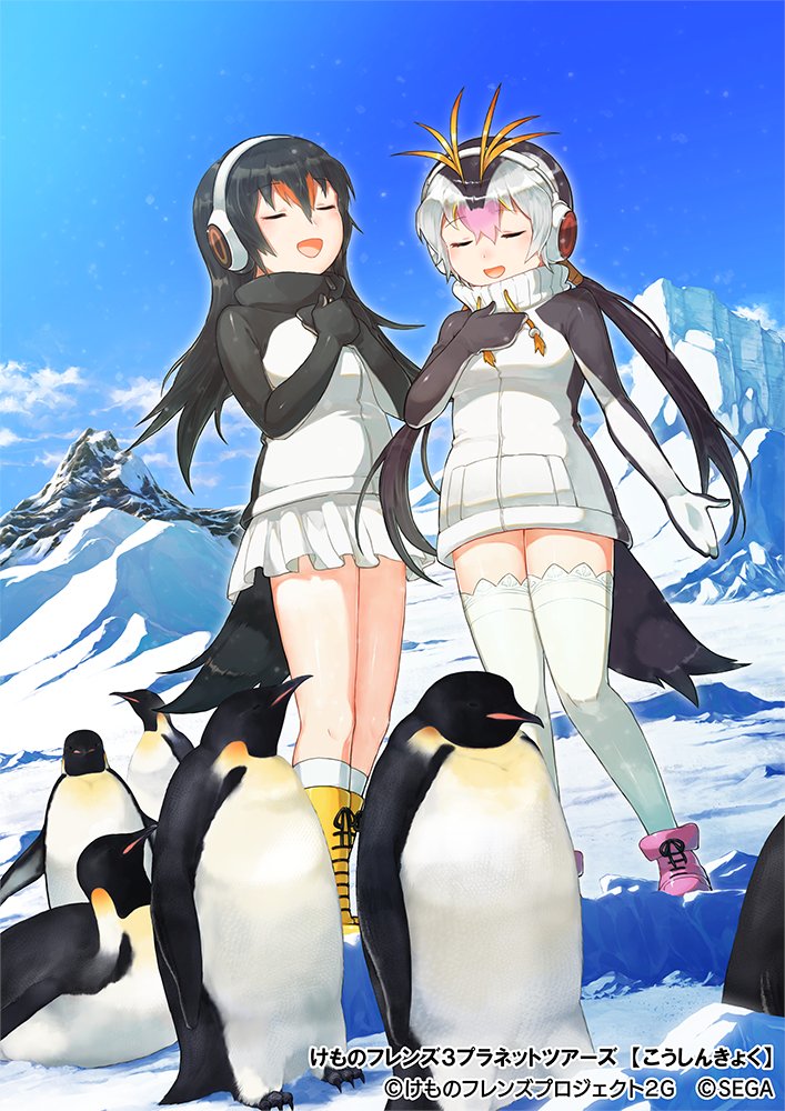 2girls bird black_hair black_sweater blonde_hair boots closed_eyes commentary_request drawstring gentoo_penguin_(kemono_friends) hair_between_eyes hand_on_own_chest headphones kemono_friends kemono_friends_3 long_hair long_sleeves mittens multicolored_hair multiple_girls music official_art open_mouth orange_hair penguin penguin_girl penguin_tail pink_footwear pink_hair royal_penguin_(kemono_friends) seto_(harunadragon) singing snow socks sweater tail thigh-highs twintails two-tone_sweater white_hair white_legwear white_sweater yellow_footwear zettai_ryouiki