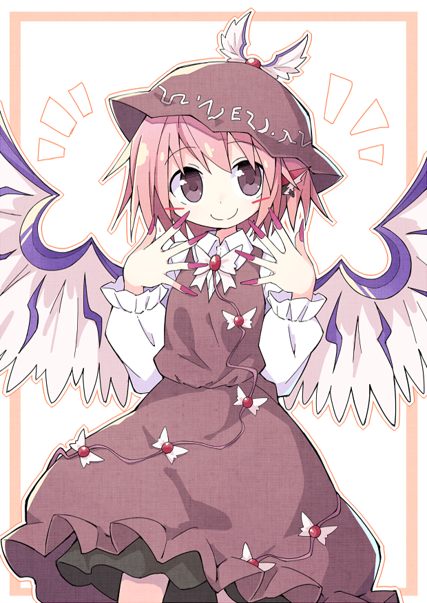 1girl animal_ears asameshi bird_wings brown_dress brown_eyes brown_headwear closed_mouth collared_shirt dress earrings eyebrows_visible_through_hair feathered_wings fingernails hat jewelry long_fingernails long_sleeves looking_at_viewer mob_cap mystia_lorelei pink_hair pink_nails shirt short_hair single_earring smile solo touhou white_shirt winged_hat wings