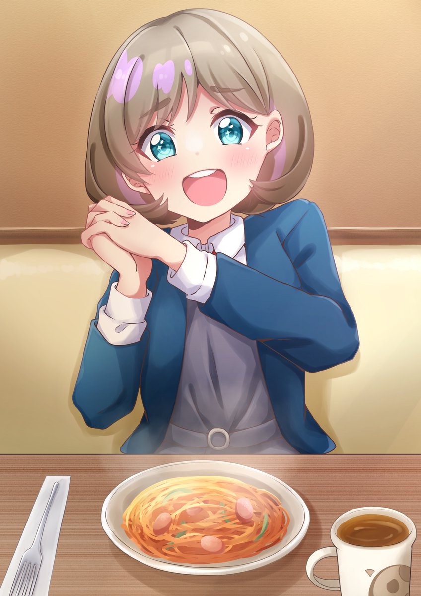 1girl aqua_eyes blue_jacket coffee coffee_mug commentary_request cup excited eyebrows_visible_through_hair food fork hakumai_konatsu hands_together hands_up happy highres jacket light_brown_hair love_live! love_live!_superstar!! mug multicolored_hair napolitan open_mouth pasta pink_hair plate restaurant school_uniform short_hair sitting smile solo sparkling_eyes steam streaked_hair table tang_keke two-tone_hair