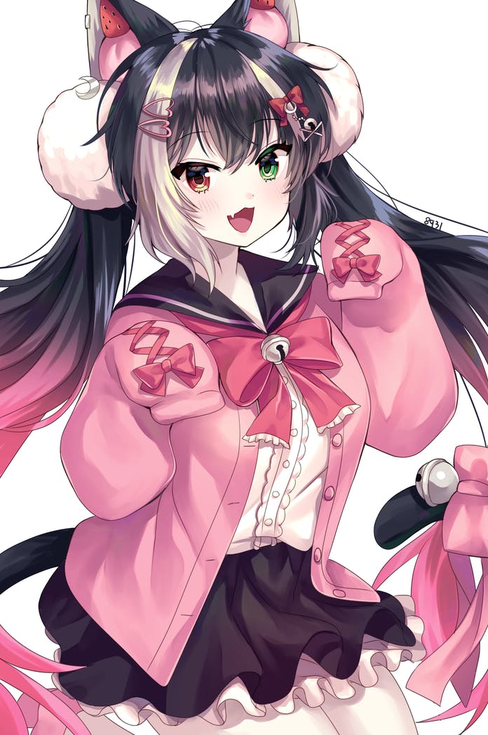 1girl animal_ears bell black_hair crescent crescent_hair_ornament dip-dyed_hair green_eyes hair_ornament hairclip hakusai_ponzu indie_virtual_youtuber long_hair long_sleeves open_mouth pink_hair pom_pom_(clothes) pom_pom_hair_ornament qiu_yue_(vtuber) red_eyes sailor_collar sleeves_past_fingers sleeves_past_wrists tail tail_ornament twintails white_hair white_legwear