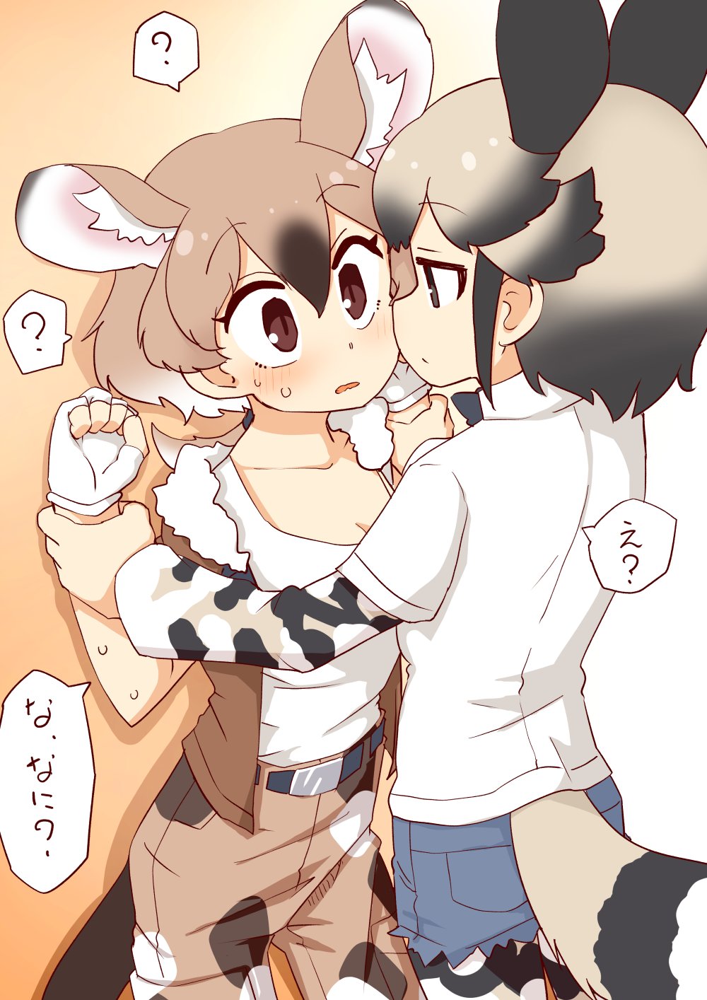 2girls 370ml ? african_wild_dog_(kemono_friends) african_wild_dog_print animal_ears blue_neckwear blush bomber_jacket bow bowtie brown_hair brown_jacket camouflage camouflage_pants collared_shirt commentary_request denim denim_shorts dog_ears dog_girl dog_tail extra_ears fingerless_gloves fur_collar gambian_pouched_rat_(kemono_friends) gloves height_difference highres holding_another's_arm jacket kemono_friends light_brown_hair long_sleeves looking_at_another mouse_ears mouse_girl mouse_tail multicolored_hair multiple_girls pants pantyhose print_legwear print_sleeves shirt short_hair short_shorts short_sleeves shorts spoken_question_mark sweatdrop tail translated white_fur white_gloves white_hair white_shirt