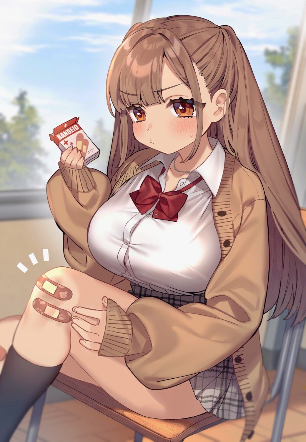 1girl bandaid bandaid_on_knee blue_sky blush bow bowtie breasts brown_cardigan brown_eyes brown_hair cardigan clouds commentary_request day eyebrows_visible_through_hair grey_skirt highres indoors large_breasts long_hair long_sleeves original plaid plaid_skirt red_neckwear sakura_yuki_(clochette) shirt sitting skirt sky solo sweatdrop thighs white_shirt window