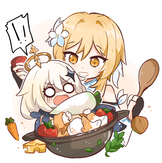 2girls bangs bare_shoulders blonde_hair carrot cheese chibi daikon flower food genshin_impact hair_between_eyes hair_flower hair_ornament halo holding holding_food lumine_(genshin_impact) multiple_girls paimon_(genshin_impact) pot potato rabi_(swordofthestone) saliva scarf simple_background sitting tomato vegetable white_background white_hair wide-eyed wooden_spoon yellow_eyes