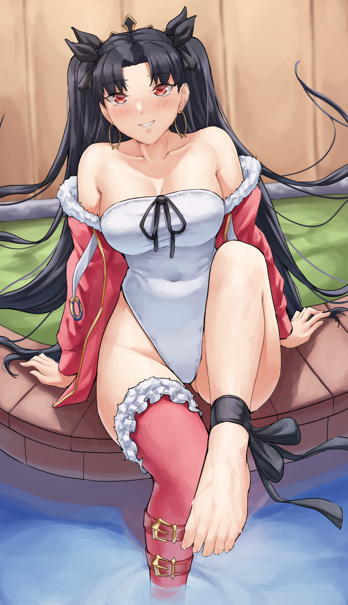 1girl black_hair breasts collarbone covered_navel fate/grand_order fate_(series) highleg highleg_swimsuit hood hoodie ishtar_(fate)_(all) ishtar_(swimsuit_rider)_(fate) jacket large_breasts long_hair off_shoulder one-piece_swimsuit pink_hoodie pink_jacket pink_legwear poolside red_eyes sarhce single_thighhigh sitting soaking_feet solo strapless strapless_swimsuit swimsuit thigh-highs two_side_up white_swimsuit