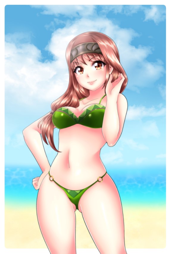 1girl beach bikini brown_eyes brown_hair contrapposto cowboy_shot enly_art fire_emblem green_bikini hair_ornament hand_in_hair headband looking_at_viewer o-ring o-ring_bikini o-ring_bottom ponytail sky swimsuit sylwiss tear_ring_saga