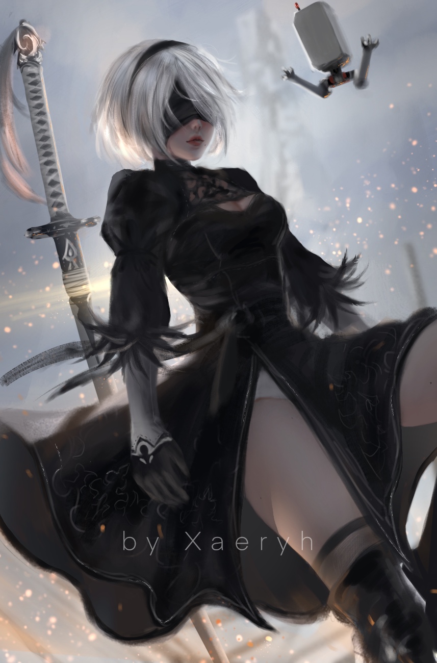 1girl black_blindfold black_dress black_hairband blindfold cleavage_cutout clothing_cutout covered_eyes dress feather-trimmed_sleeves hairband highres juliet_sleeves leotard long_sleeves medium_hair mole mole_under_mouth nier nier_(series) nier_automata pod_(nier_automata) puffy_sleeves silver_hair solo standing sword virtuous_contract weapon white_leotard xaeryh yorha_no._2_type_b