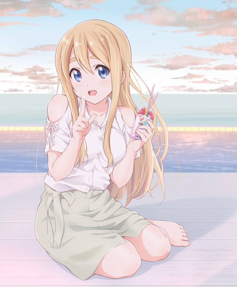 1girl bangs bare_shoulders blonde_hair blue_eyes blue_sky blush clothing_cutout clouds commentary_request cream cup day dessert dresstrip eyebrows_behind_hair food food_on_finger full_body green_skirt holding holding_food k-on! kotobuki_tsumugi long_hair looking_at_viewer open_mouth outdoors round_teeth shadow shirt short_sleeves shoulder_cutout sidelocks sitting skirt sky smile solo teeth thick_eyebrows upper_teeth white_shirt yokozuwari