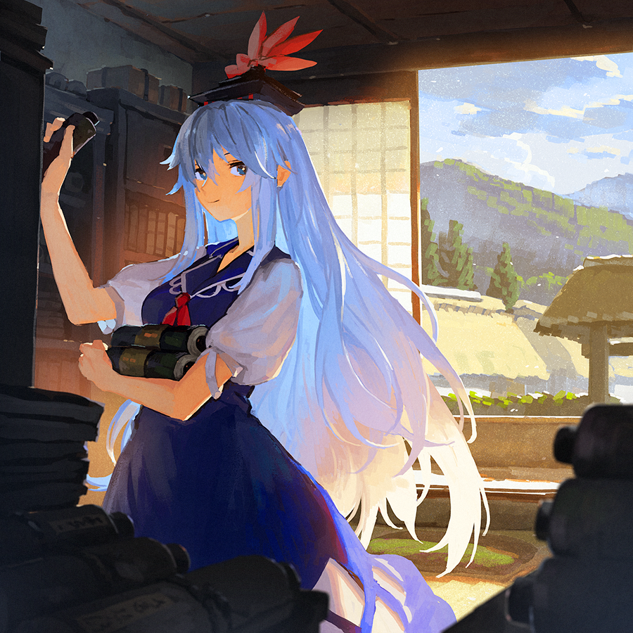 1girl arch bangs black_headwear blue_dress blue_eyes blue_hair book book_stack bookshelf closed_mouth commentary_request cowboy_shot dress hair_between_eyes hat holding holding_scroll indoors kamishirasawa_keine kitsune_(kazenouta) long_hair looking_at_viewer mountain neckerchief open_door pinafore_dress puffy_short_sleeves puffy_sleeves red_neckerchief scenery scroll shirt short_sleeves shouji sideways_glance sky sliding_doors smile solo tokin_hat touhou tree white_shirt