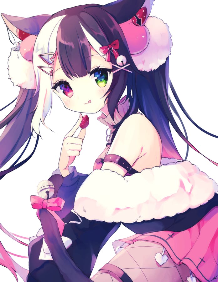 1girl animal_ears bell black_hair crescent crescent_hair_ornament dip-dyed_hair food fruit green_eyes hair_ornament hairclip indie_virtual_youtuber long_hair pink_eyes pink_hair pom_pom_(clothes) pom_pom_hair_ornament qiu_yue_(vtuber) strawberry tail tail_ornament tongue tongue_out twintails white_hair x_hair_ornament yamucooo
