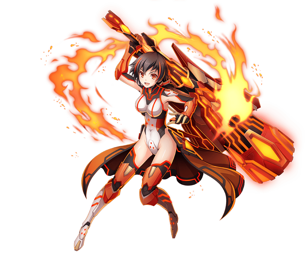 1girl :d bangs breasts breasts_apart brown_hair framn_entity full_body game_cg hair_between_eyes highleg highleg_leotard holding holding_weapon leotard multicolored_hair official_art open_mouth orange_eyes redhead shiny shiny_hair shiny_skin short_hair smile solo sora_no_kanata_no_dystopia_x_shitei standing transparent_background two-tone_hair waist_cape weapon white_leotard