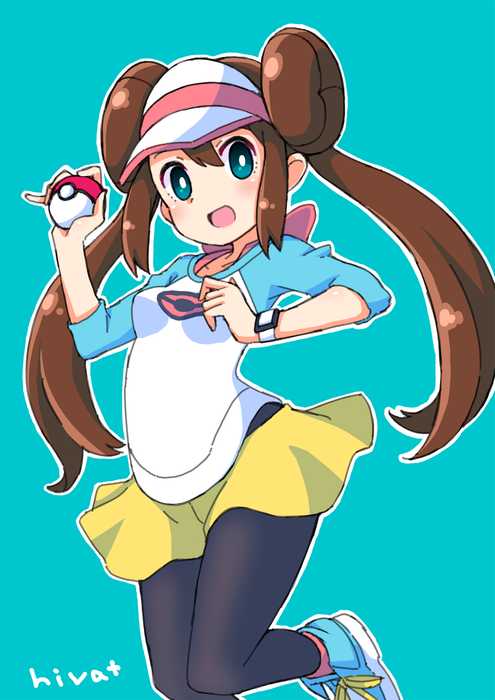 1girl bangs black_legwear blush bow breasts bright_pupils brown_hair commentary double_bun green_eyes highres hiva+ holding holding_poke_ball legwear_under_shorts long_hair looking_at_viewer open_mouth outline pantyhose pink_bow poke_ball pokemon pokemon_(game) pokemon_bw2 raglan_sleeves rosa_(pokemon) shirt shoes short_shorts shorts smile sneakers solo tongue twintails visor_cap white_pupils yellow_shorts