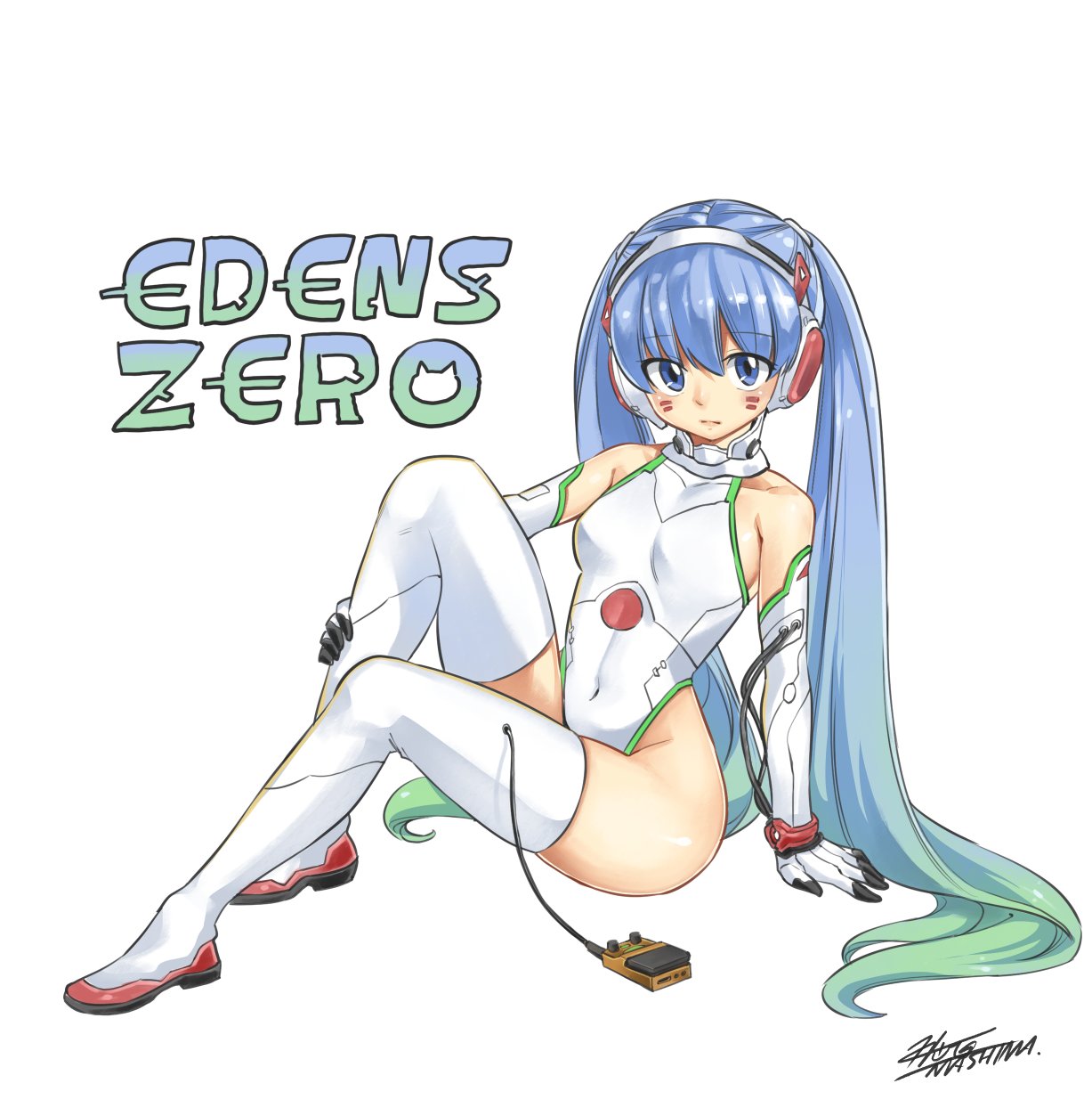 1girl bangs bare_shoulders blue_eyes blue_hair bodysuit breasts cable cellphone closed_mouth collarbone copyright_name covered_navel detached_sleeves eden's_zero full_body gloves gradient_hair green_hair hair_between_eyes hairband headset hermit_(eden's_zero) highleg highleg_leotard highres leotard long_hair looking_at_viewer mashima_hiro multicolored_hair official_art phone shiny shiny_hair signature silver_hairband sitting small_breasts solo very_long_hair white_background white_gloves