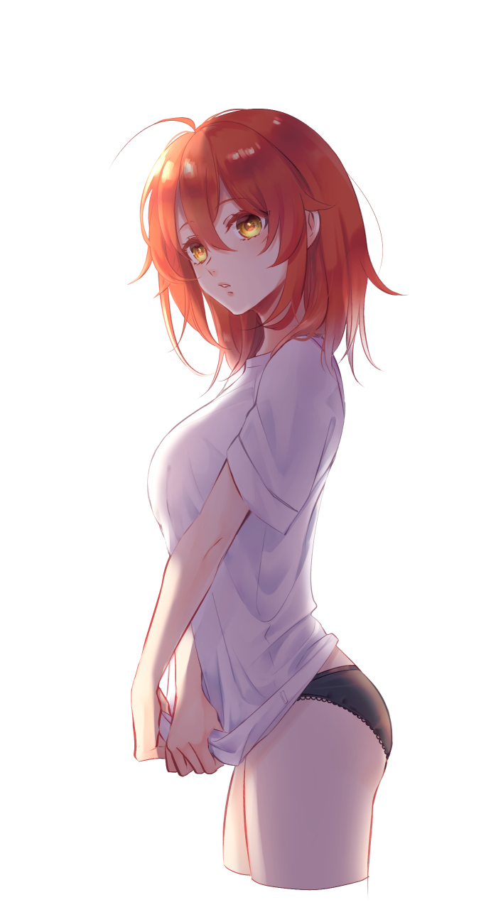 1girl ahoge black_panties cropped_legs fate/grand_order fate_(series) fujimaru_ritsuka_(female) hair_between_eyes highres looking_to_the_side medium_hair orange_eyes orange_hair panties parted_lips redrabbit44 shirt short_sleeves simple_background solo standing t-shirt underwear white_background white_shirt