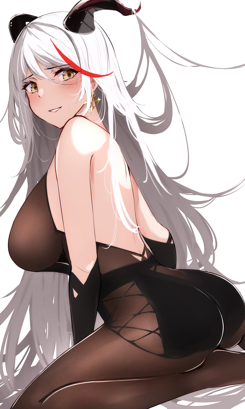 1girl absurdly_long_hair aegir_(azur_lane) ass azur_lane backless_dress backless_outfit bare_shoulders bodystocking breast_curtains cross cross_earrings demon_horns dress earrings highres horns itete jewelry long_hair multicolored_hair sitting streaked_hair very_long_hair wariza white_background white_hair yellow_eyes