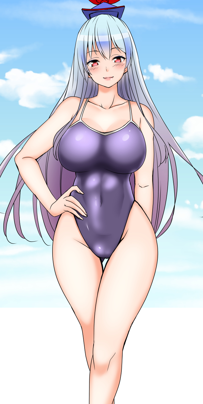1girl bangs blue_hair blue_sky blue_swimsuit clouds commentary_request competition_school_swimsuit feet_out_of_frame hand_on_hip hat highleg highleg_swimsuit highres kamishirasawa_keine long_hair multicolored_hair red_eyes school_swimsuit shiraue_yuu silver_hair sky solo swimsuit touhou two-tone_hair
