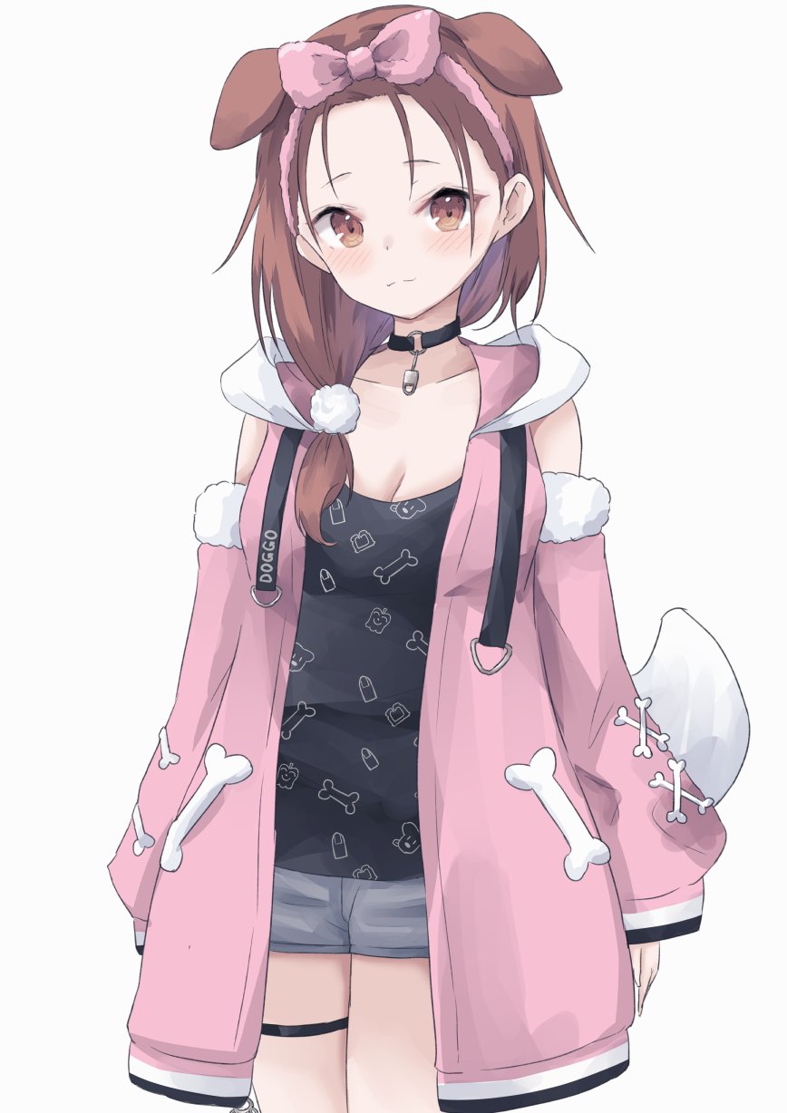 1girl animal_ears black_choker black_tank_top bow brown_eyes brown_hair choker clothing_cutout collarbone dog_ears dog_girl dog_tail forehead fur_trim hair_behind_ear hair_bow hairband hayashi_maka highres hololive hood hoodie inugami_korone o-ring o-ring_choker pink_bow pink_hairband pink_hoodie short_shorts shorts shoulder_cutout solo tail tank_top thigh_strap virtual_youtuber