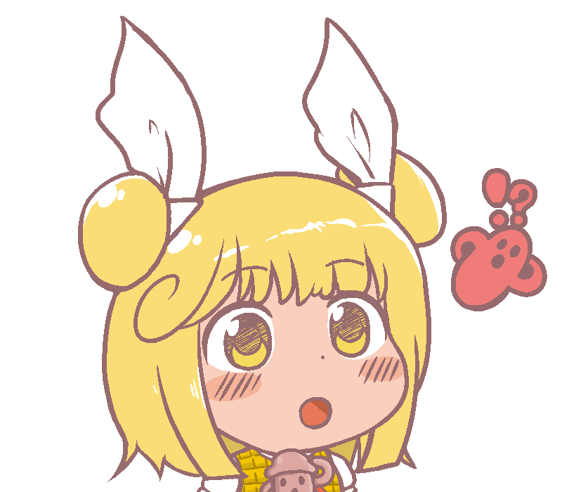 !? 1girl bangs blonde_hair blush chibi dark_skin double_bun dress eyebrows_visible_through_hair gyate_gyate hair_ribbon haniwa_(statue) ikiyouz joutouguu_mayumi looking_away open_mouth puffy_short_sleeves puffy_sleeves ribbon short_hair short_sleeves simple_background solo surprised touhou white_background white_ribbon white_sleeves yellow_dress yellow_eyes