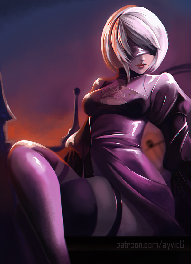 1girl black_blindfold black_dress black_footwear black_hairband blindfold boots breasts covered_eyes crossed_legs dress english_commentary ero_persona hairband juliet_sleeves lips long_sleeves medium_breasts mole mole_under_mouth nier_(series) nier_automata patreon_username puffy_sleeves sheer_legwear short_hair silver_hair sitting solo sunset thigh-highs thigh_boots thighhighs_under_boots thighs watermark web_address yorha_no._2_type_b