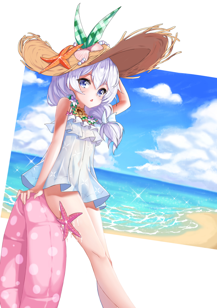 :o bangs beach blue_eyes blue_sky clouds cloudy_sky dress ehart flower hair_between_eyes hat holding holding_clothes holding_hat honkai_(series) honkai_impact_3rd innertube looking_at_viewer ocean open_mouth sand seashell shell side_ponytail sky solo starfish straw_hat summer sundress sunflower theresa_apocalypse theresa_apocalypse_(valkyrie_pledge) thighs white_background white_hair