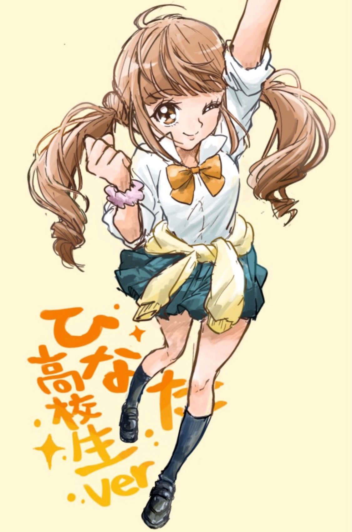 1girl bow brown_eyes brown_hair eyelashes happy healin'_good_precure highres hiramitsu_hinata long_hair looking_at_viewer one_eye_closed pre221b precure ribbon shirt shoes simple_background sketch skirt smile socks solo translation_request twintails white_shirt yellow_background