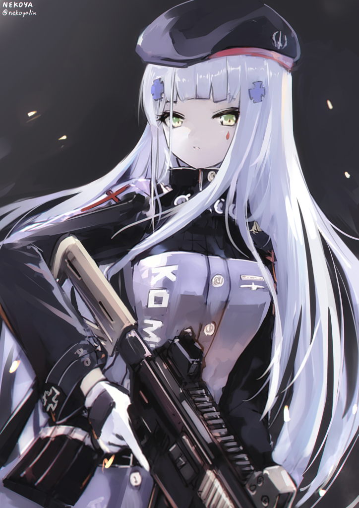 1girl assault_rifle bangs beret black_headwear blue_jacket breasts commentary_request facial_mark girls_frontline gloves green_eyes gun h&amp;k_hk416 hair_ornament hat hk416_(girls_frontline) holding holding_gun holding_weapon jacket long_hair long_sleeves looking_at_viewer nekoya_(liu) object_namesake parted_lips rifle signature silver_hair small_breasts solo trigger_discipline twitter_username very_long_hair weapon white_gloves