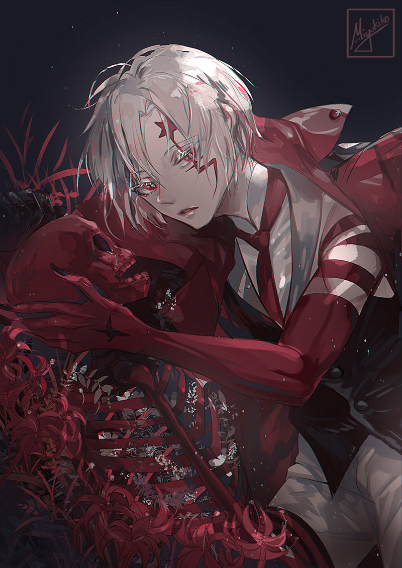 1boy allen_walker black_vest d.gray-man facial_mark flower male_focus miyukiko necktie open_mouth pants red_eyes red_flower red_neckwear shirt short_hair signature silver_hair skeleton skull solo vest white_pants white_shirt