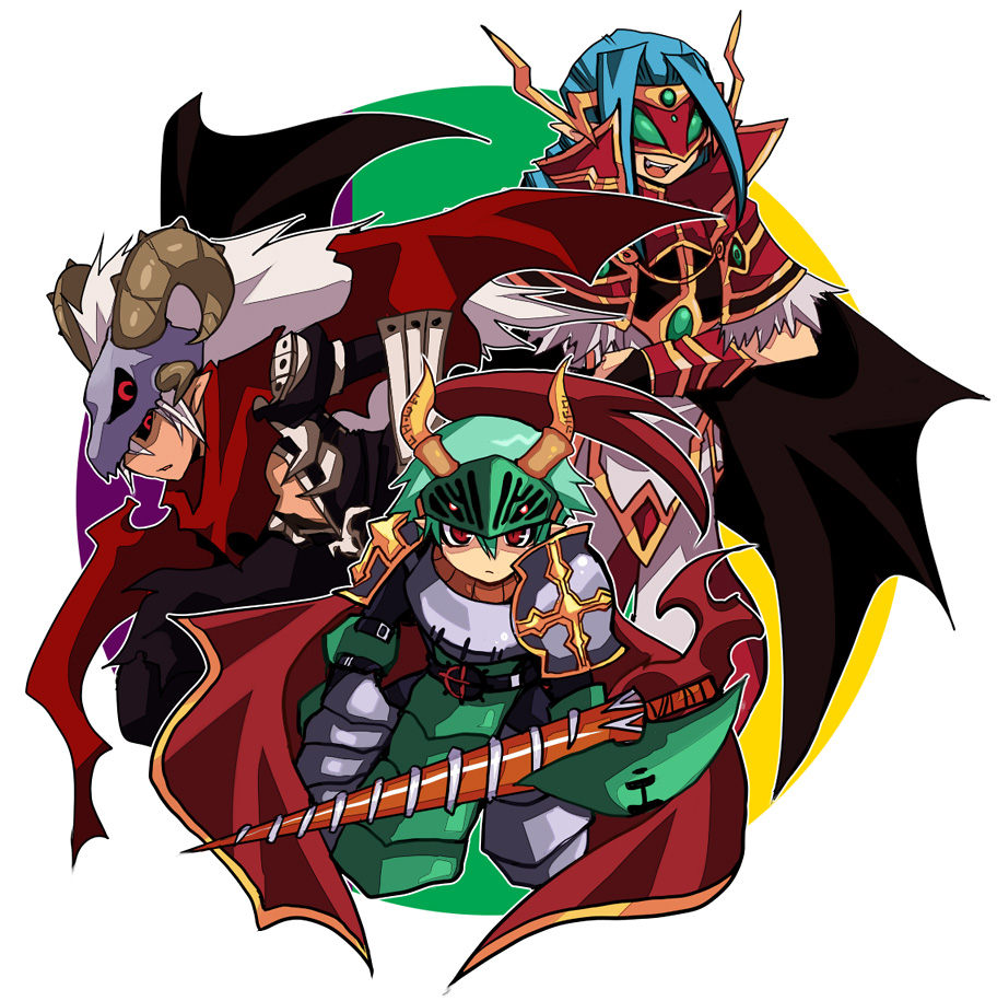 3boys alternate_color armor assassin_cross_(ragnarok_online) bangs black_cape black_gloves black_pants black_sclera black_shirt black_wings blue_hair braid braided_ponytail breastplate cape capelet colored_sclera commentary_request cropped_legs cross emon-yu feet_out_of_frame fingerless_gloves fur-trimmed_capelet fur_trim gloves green_armor green_hair hair_between_eyes high_collar high_wizard_(ragnarok_online) holding holding_lance holding_polearm holding_weapon horns lance leg_armor long_hair looking_at_viewer looking_to_the_side lord_knight_(ragnarok_online) mask multiple_boys open_clothes open_shirt pants parted_bangs pauldrons polearm ragnarok_online red_cape red_capelet red_eyes red_scarf scarf shirt short_hair shoulder_armor single_braid skull skull_on_head tabard torn_cape torn_clothes torn_scarf vambraces visor_(armor) waist_cape weapon white_background white_hair white_pants white_shirt wings