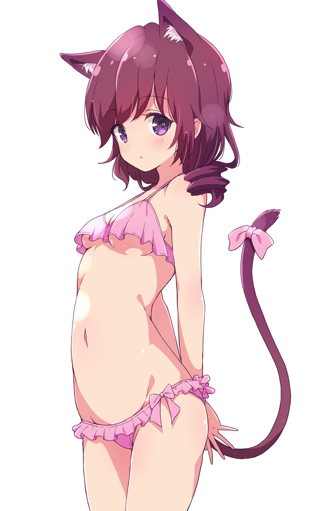 1girl animal_ears bangs bikini breasts cat_ears cat_tail commentary_request drill_hair eyebrows_visible_through_hair frilled_bikini frills highres kemonomimi_mode looking_at_viewer machikado_mazoku mel_(melty_pot) navel pink_bikini purple_hair short_hair simple_background small_breasts solo swimsuit tail thighs under_boob violet_eyes white_background yoshida_ryouko