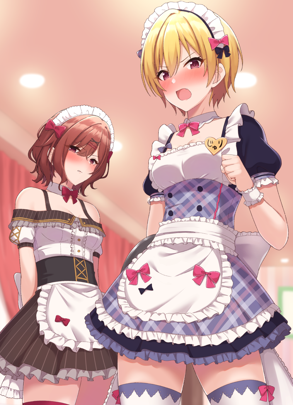 2girls angry bangs bare_shoulders blonde_hair blush bow bowtie breasts brown_hair detached_collar hair_between_eyes hair_ornament hairclip helloet11 highres higuchi_madoka idolmaster idolmaster_shiny_colors indoors lights looking_at_viewer maid maid_headdress multiple_girls open_mouth saijou_juri short_hair small_breasts thigh-highs v-shaped_eyebrows violet_eyes