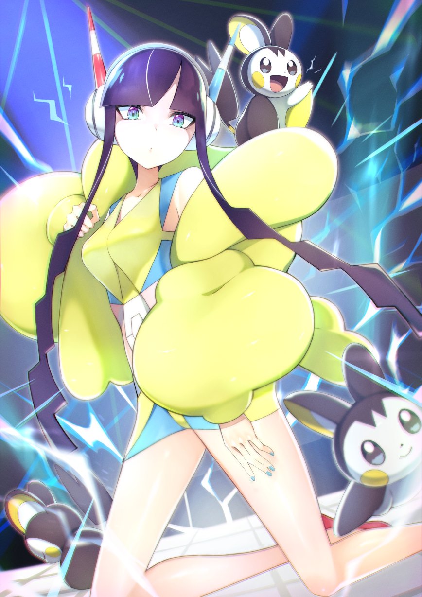 1girl :d bangs bike_shorts black_hair blue_nails blunt_bangs closed_mouth commentary_request electricity elesa_(pokemon) emolga from_below fur_jacket gen_5_pokemon gym_leader hand_up headphones highres jacket kneeling looking_at_viewer nail_polish off_shoulder open_mouth pokemon pokemon_(creature) pokemon_(game) pokemon_bw2 rindoriko short_hair_with_long_locks sidelocks smile tile_floor tiles tongue yellow_jacket