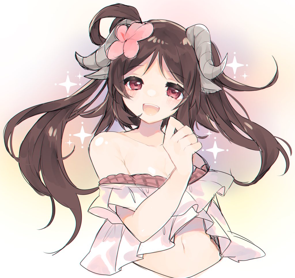 1girl animal_ears arknights blush breasts brown_hair collarbone cropped_torso eyjafjalla_(arknights) eyjafjalla_(summer_flowers)_(arknights) hand_up happy horns long_hair looking_at_viewer medium_breasts navel off-shoulder_swimsuit off_shoulder official_alternate_costume open_mouth red_eyes sheep_ears sheep_girl sheep_horns simple_background solo sparkle swimsuit teeth tomatoritori upper_body white_background white_swimsuit