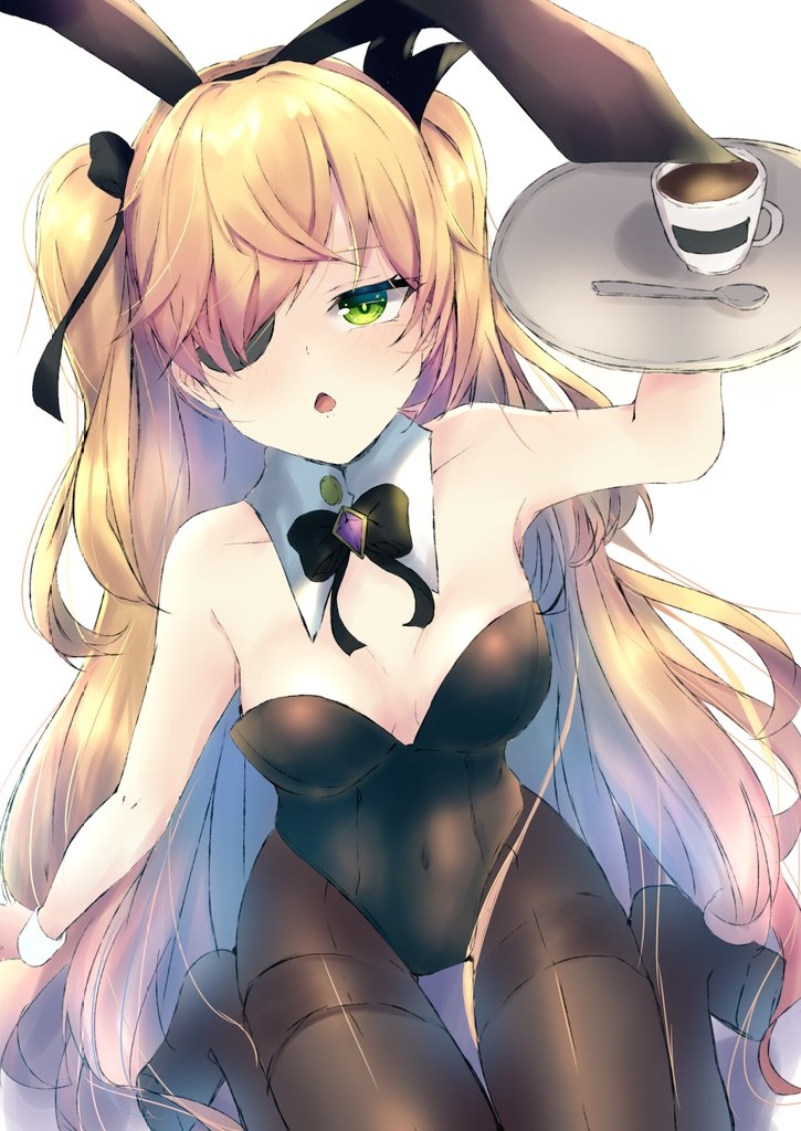 1girl animal_ears black_eyepatch black_legwear black_leotard black_neckwear black_ribbon blonde_hair bow bowtie breasts chuunibyou commentary_request cup detached_collar eyepatch fischl_(genshin_impact) genshin_impact green_eyes hair_ribbon karappo_(poket12) leotard long_hair looking_at_viewer pantyhose playboy_bunny rabbit_ears ribbon simple_background sitting small_breasts solo spoon thighband_pantyhose tray twintails wariza white_background wrist_cuffs