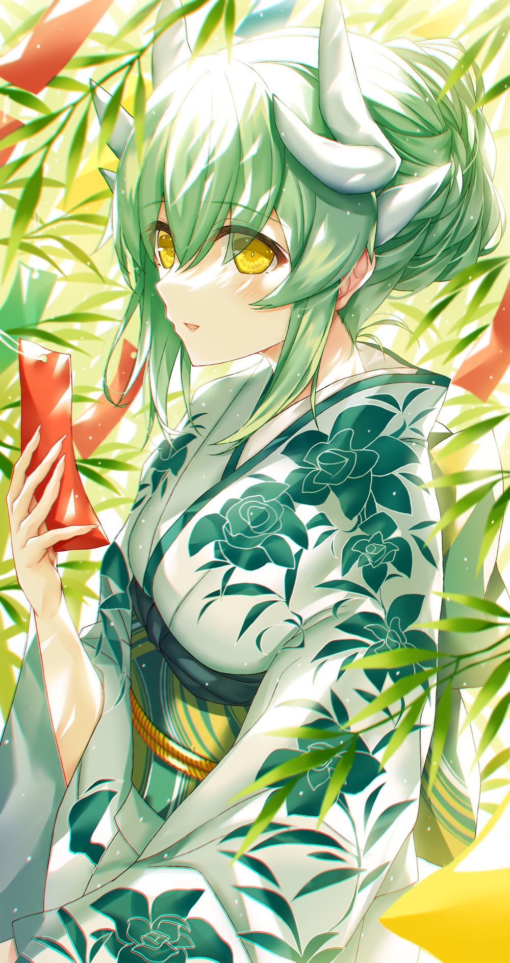 1girl bangs blush dragon_horns eyebrows_visible_through_hair fate/grand_order fate_(series) green_hair hand_up highres horns japanese_clothes kimono kiyohime_(fate) long_hair long_sleeves looking_at_viewer morizono_shiki obi open_mouth sash smile snake solo tanabata upper_body wide_sleeves yellow_eyes