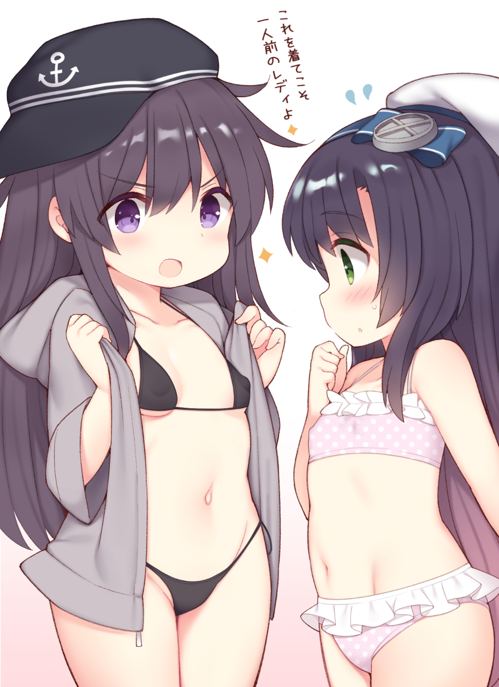 2girls akatsuki_(kancolle) anchor_symbol bikini black_bikini black_hair black_headwear blush breasts child collarbone cowboy_shot eyebrows_visible_through_hair flat_cap flying_sweatdrops green_eyes groin hair_between_eyes hat highres kantai_collection long_hair matsuwa_(kancolle) multiple_girls navel open_mouth polka_dot purple_hair sailor_hat small_breasts swimsuit violet_eyes watanon_(gakushokutei) white_headwear