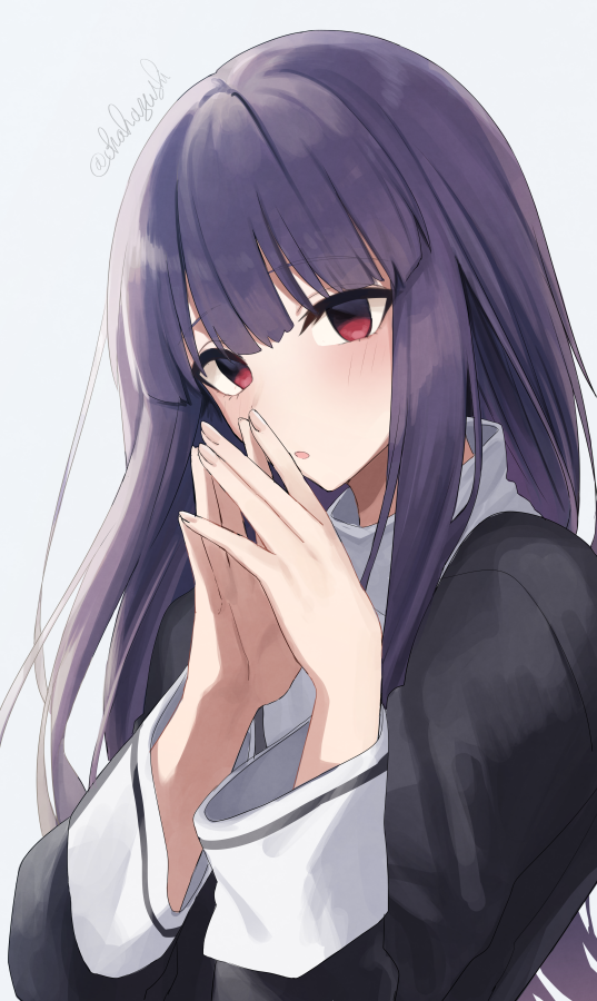1girl asagami_fujino bangs black_dress blunt_bangs blush commentary_request dress eyebrows_visible_through_hair fingernails fingers_together kara_no_kyoukai long_hair long_sleeves looking_at_viewer neckerchief okakasushi open_mouth own_hands_together parted_lips purple_hair red_eyes reien_girl's_academy_uniform school_uniform sidelocks simple_background solo straight_hair twitter_username uniform white_background white_neckwear