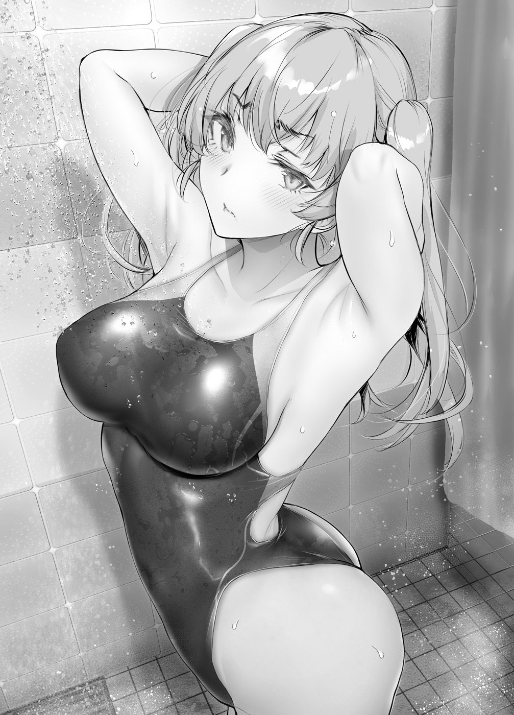 1girl armpits arms_behind_head ass bathroom blush breasts breasts_apart character_request collarbone commentary_request competition_swimsuit copyright_request eyebrows_visible_through_hair from_side gentsuki greyscale highres large_breasts looking_at_viewer looking_to_the_side monochrome one-piece_swimsuit original shiny shiny_hair shower_(place) shower_curtain showering solo swimsuit tile_wall tiles twintails water_drop wet wet_hair
