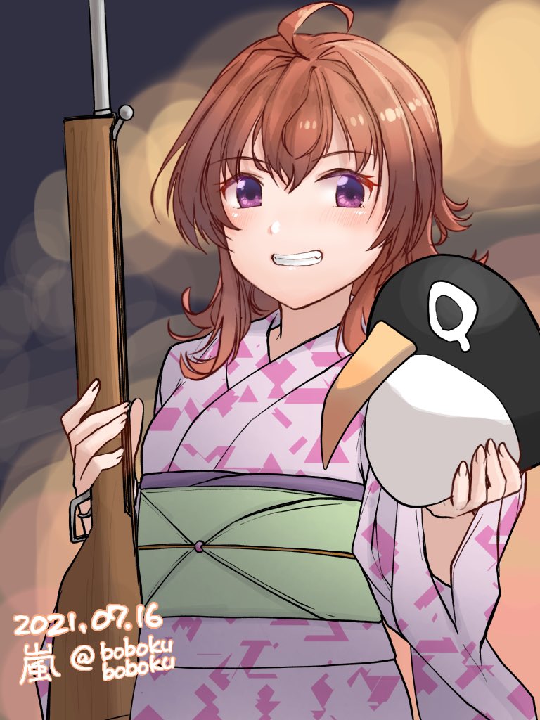 1girl arashi_(kancolle) bobokuboboku brown_hair character_doll dated failure_penguin grin gun japanese_clothes kantai_collection kimono looking_at_viewer medium_hair night official_alternate_costume one-hour_drawing_challenge pink_kimono rifle smile solo stuffed_animal stuffed_penguin stuffed_toy twitter_username violet_eyes weapon yukata