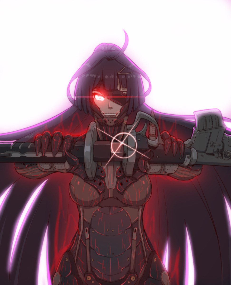 1girl android antenna_hair bangs black_hair breasts closed_mouth cosplay crossover cyborg drawing_sword evil_grin evil_smile eyepatch glowing glowing_eye grin hair_between_eyes hair_ornament hairpin highres holding holding_sword holding_weapon honkai_(series) honkai_impact_3rd katana long_hair looking_at_viewer metal_gear_(series) metal_gear_rising:_revengeance namesake ponytail raiden_(metal_gear) raiden_(metal_gear)_(cosplay) raiden_mei red_eyes sheath simple_background smile solo sword weapon white_background yamanata