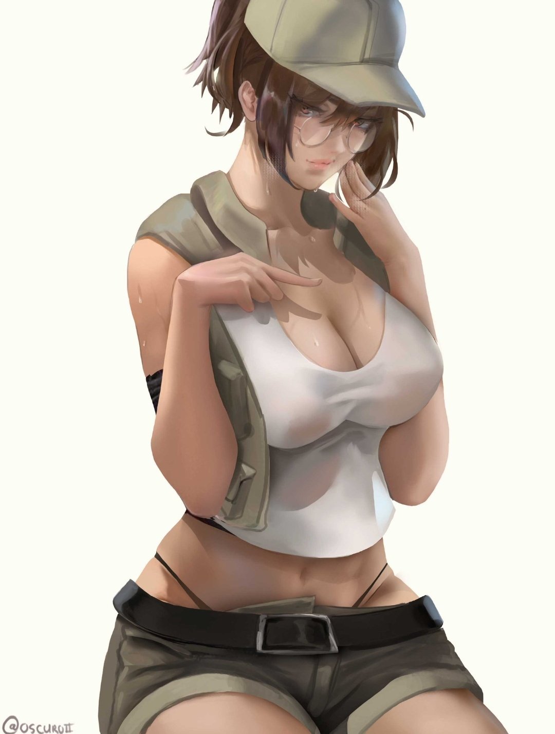 1girl baseball_cap belt breasts brown_eyes brown_hair cowboy_shot eyebrows_visible_through_hair fio_germi glasses hat highleg highleg_panties highres large_breasts looking_at_viewer metal_slug navel oscuroii panties pointing shirt shorts simple_background underwear vest white_background white_shirt