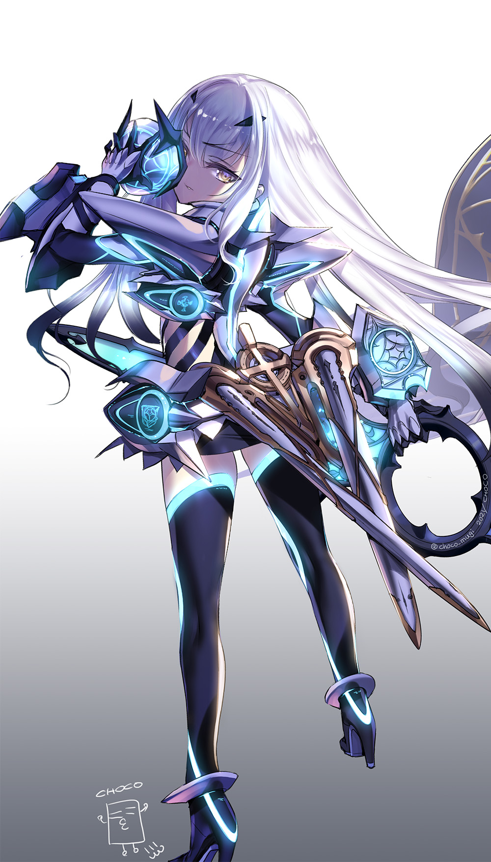 1girl armor armored_dress bangs choco_(chocolate_shop) eyebrows_visible_through_hair facing_away fate/grand_order fate_(series) gauntlets gradient gradient_background hair_between_eyes hair_ornament high_heels highres lancelot_(fairy_knight)_(fate) long_hair looking_at_viewer looking_back mask official_art pauldrons sheath shoulder_armor signature silver_hair solo thigh-highs violet_eyes visor zettai_ryouiki
