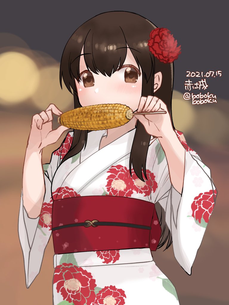 1girl akagi_(kancolle) bobokuboboku brown_eyes brown_hair character_request commentary_request corn dated eating floral_print flower grilled_corn hair_flower hair_ornament japanese_clothes kantai_collection kimono long_hair looking_at_viewer one-hour_drawing_challenge solo stick straight_hair twitter_username white_kimono yukata