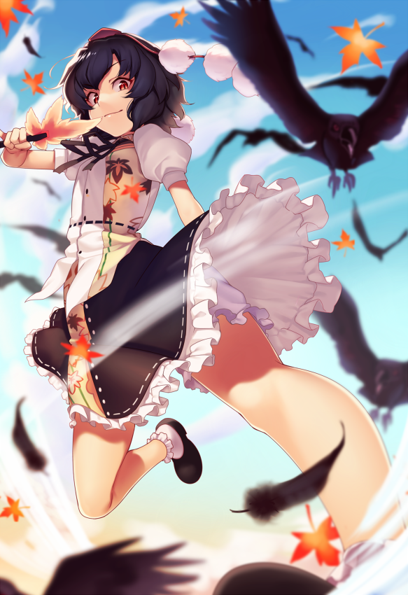 1girl autumn_leaves bangs bird black_bow black_footwear black_hair black_neckwear black_skirt blue_sky bow buttons closed_mouth clouds cloudy_sky eyebrows_visible_through_hair feathers flying hand_up hat kaiza_(rider000) leaf_print light looking_at_viewer pants pom_pom_(clothes) puffy_short_sleeves puffy_sleeves red_eyes red_headwear shadow shameimaru_aya shirt shoes short_hair short_sleeves skirt sky smile socks solo tokin_hat touhou white_legwear white_pants white_shirt white_sleeves wings yellow_sky