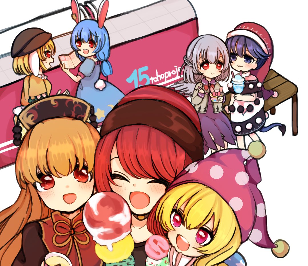 6+girls animal_ears bangs beiebeid bench black_choker black_dress black_headwear black_neckwear black_sleeves blonde_hair blue_dress blue_shirt blue_sleeves blush bow brown_dress brown_headwear brown_sleeves bunny_tail chinese_clothes choker closed_eyes closed_mouth clownpiece copyright_name crescent doremy_sweet dress eyebrows_visible_through_hair food grey_jacket grey_sleeves hair_between_eyes hand_up hands_up hat hecatia_lapislazuli ice_cream jacket jester_cap junko_(touhou) kishin_sagume long_hair long_sleeves looking_at_another looking_at_viewer medium_hair multiple_girls no_hat no_headwear number open_clothes open_jacket open_mouth orange_bow orange_hair orange_neckwear orange_shirt pink_eyes pink_headwear polos_crown pom_pom_(clothes) purple_dress purple_hair rabbit_ears red_bow red_eyes red_headwear red_neckwear redhead ringo_(touhou) seiran_(touhou) shirt short_hair short_sleeves short_twintails shorts silver_hair single_wing sitting smile spoon standing star_(symbol) star_print t-shirt tail touhou twintails very_short_hair violet_eyes white_dress wings yellow_shorts