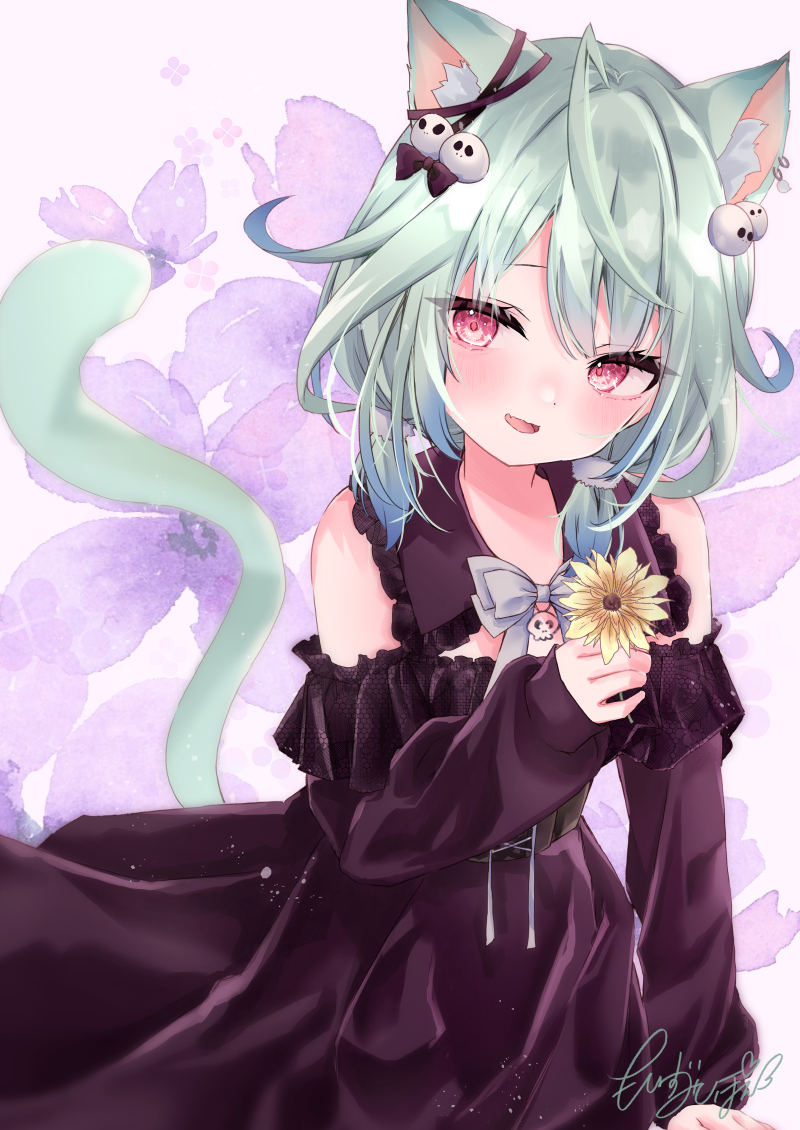 1girl adapted_costume ahoge alternate_color animal_ears bare_shoulders black_dress blue_hair blush cat_ears cat_girl cat_tail commentary dress ear_ribbon flat_chest flower frilled_dress frills gradient_hair green_hair hair_ornament holding holding_flower hololive long_sleeves low_twintails moizumi_shipon multicolored_hair pom_pom_(clothes) pom_pom_hair_ornament red_eyes short_dress short_hair short_twintails sideways_glance signature skull_hair_ornament smile solo strapless strapless_dress tail twintails underbust uruha_rushia virtual_youtuber