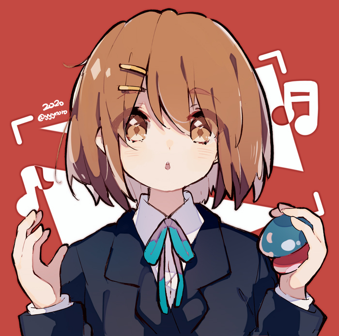1girl :o bangs blazer blue_jacket blue_neckwear blush brown_eyes brown_hair captain_yue castanets collared_shirt commentary hair_ornament hairclip hands_up hirasawa_yui instrument jacket k-on! long_sleeves looking_at_viewer neck_ribbon note parted_lips red_background ribbon sakuragaoka_high_school_uniform school_uniform shirt short_hair simple_background solo twitter_username upper_body white_shirt
