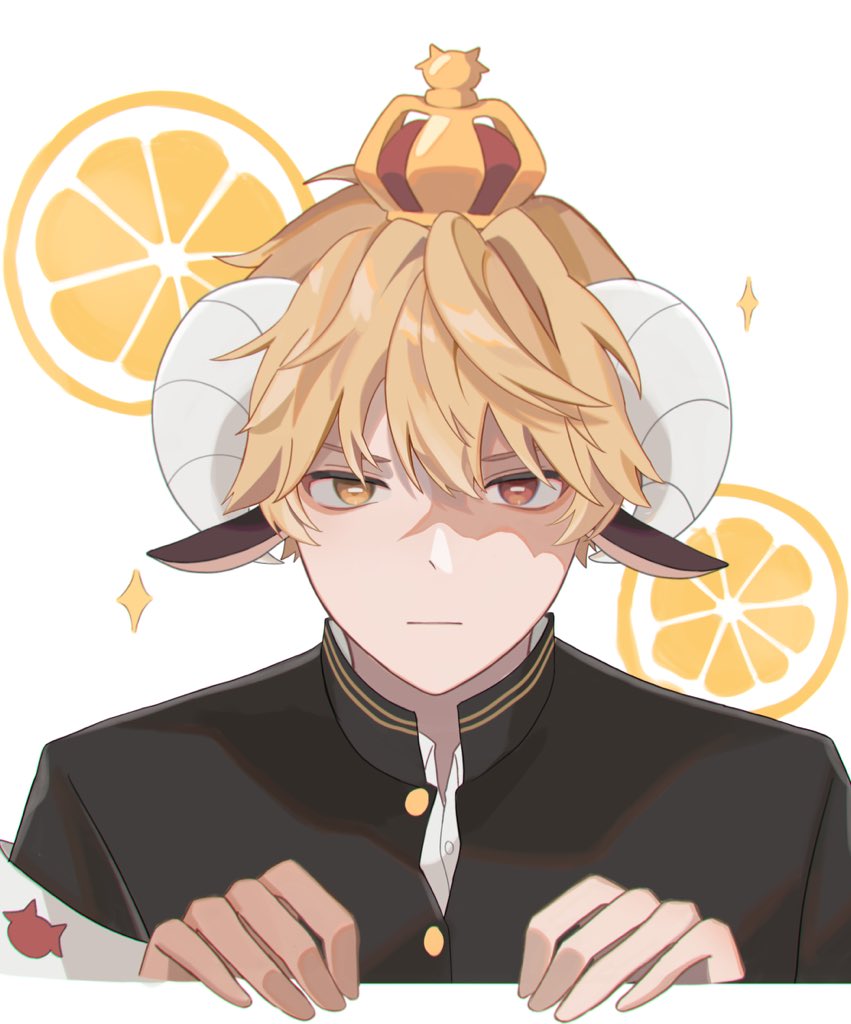 1boy animal_ears closed_mouth food fruit gakuran genderswap genderswap_(ftm) goat_ears goat_horns horns indie_virtual_youtuber male_focus orange_(food) red_eyes school_uniform tuna_tuna04 turtleneck upper_body white_background yagisawa_yonako yagisawa_youjirou yellow_eyes