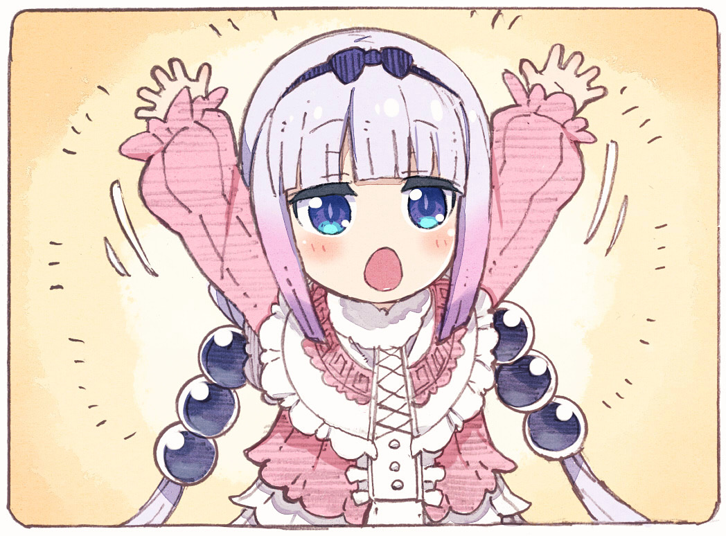 1girl bangs beads black_hairband blue_eyes blunt_bangs capelet child commentary_request frilled_capelet frills gradient_hair hair_beads hair_ornament hairband kanna_kamui kobayashi-san_chi_no_maidragon light_purple_hair looking_at_viewer low_twintails multicolored_hair open_mouth outstretched_arms pink_hair sakino_shingetsu simple_background solo twintails