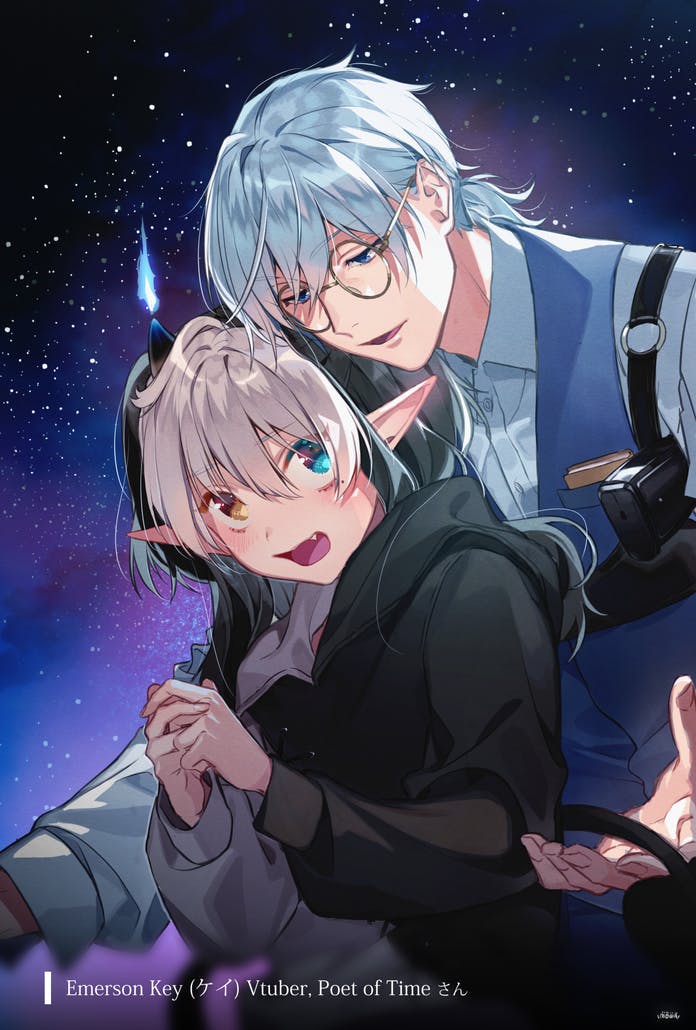 1boy 1girl black_hair blue_eyes collared_shirt commission couple glasses hood hoodie long_sleeves mowachichi multicolored_hair open_mouth original pointy_ears ponytail shirt skeb_commission sky star_(sky) starry_sky two-tone_hair white_hair yellow_eyes